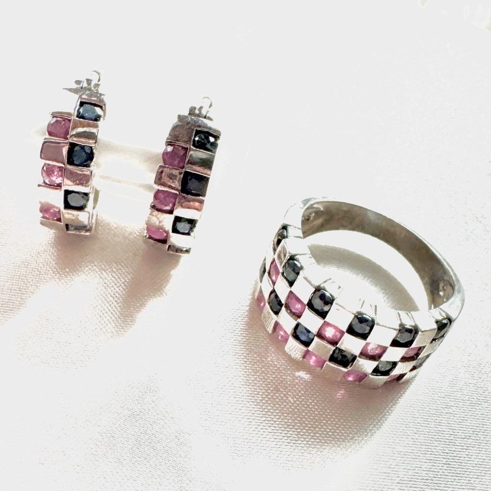 Elegant 925 Silver, Blue & Pink Checkered Jewelry Set